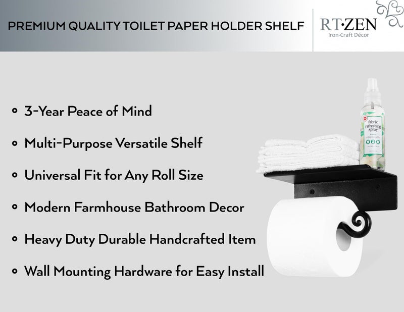 RTZEN Bathroom Toilet Paper Holder with Shelf - Handcrafted Rustic Wrought Iron Wall Decor Toilet Roll Holder - Black Matte Wall Mount Bar for Modern Farmhouse Bathroom Decor - Image 2